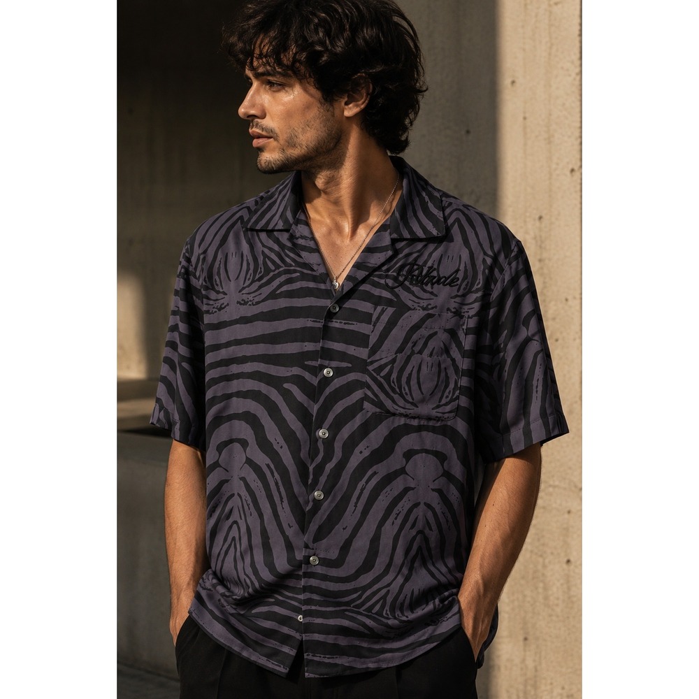 Rhude Zebra Print Rayon Short Sleeve Camp Collar Button Down Shirt Grey Medium